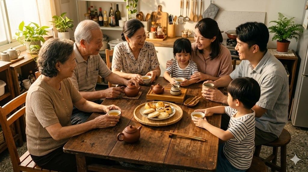 一家三代圍坐餐桌邊溫暖對話的居家場景示意圖