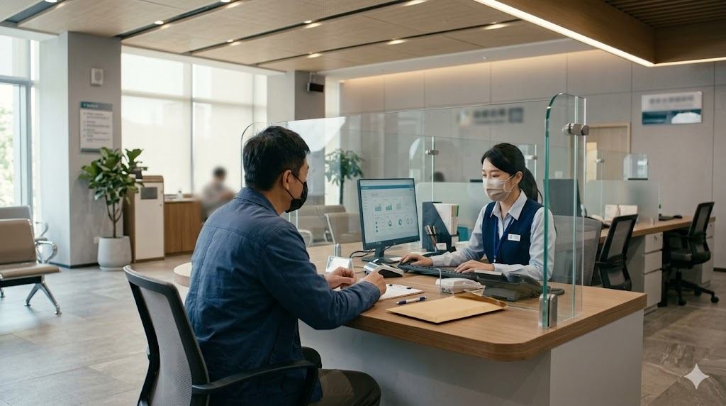 戶政事務所臨櫃服務人員與民眾辦理證件的場景示意圖