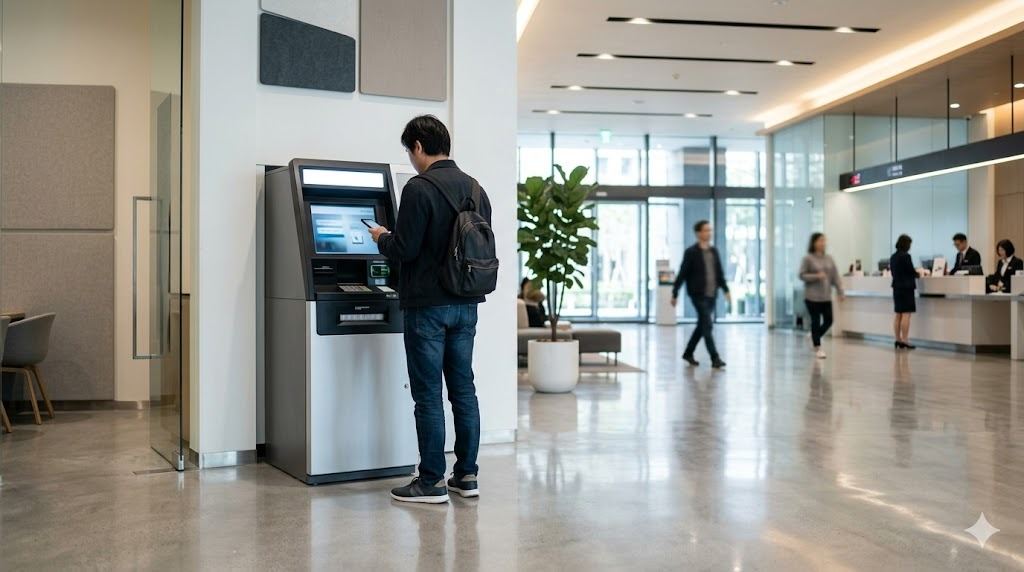 ATM 提款機前手持手機的人群場景示意圖