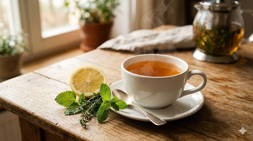 木桌上一杯熱花草茶與檸檬片的擬真示意圖