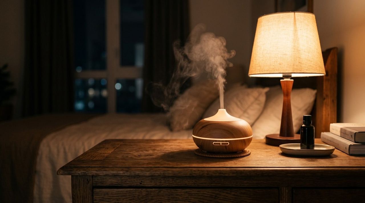 夜晚臥房床頭桌上水氧機冒出柔白霧氣的擬真示意圖