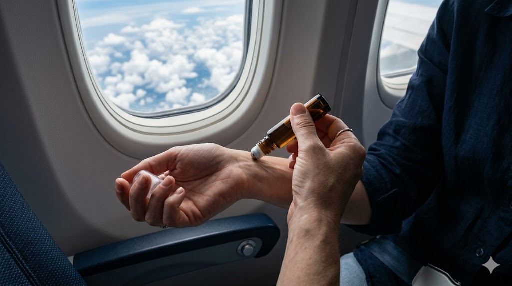 飛機座位旁手腕滴點精油的旅行場景示意圖