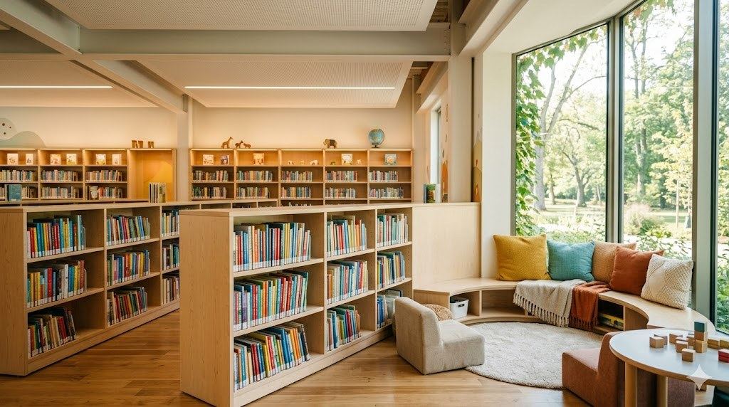 圖書館童書區書架前小孩伸手取書的擬真示意圖