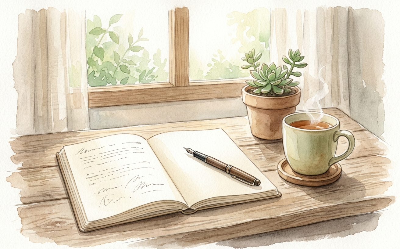 任在書房裡微笑書寫的個人形象示意圖