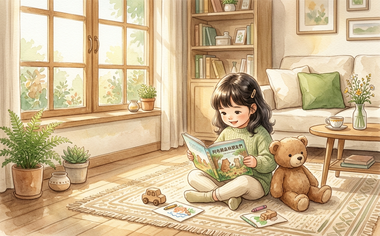 孩子在窗邊閱讀繪本的溫暖場景示意圖