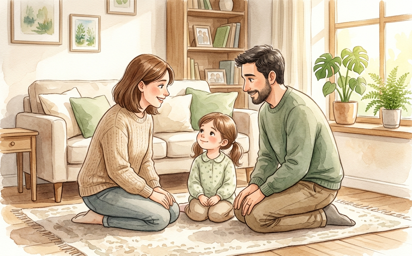 父母蹲下與孩子平視對話的溫馨示意圖