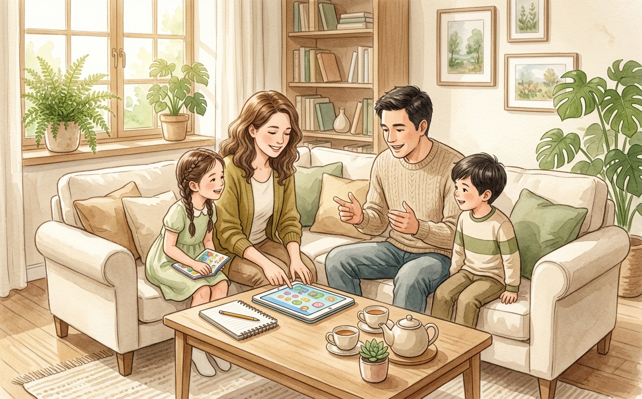 家庭討論3C使用規範的場景示意圖