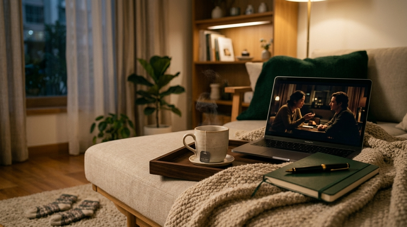 客廳沙發上熱茶與筆電播放電影的悠閒場景示意圖