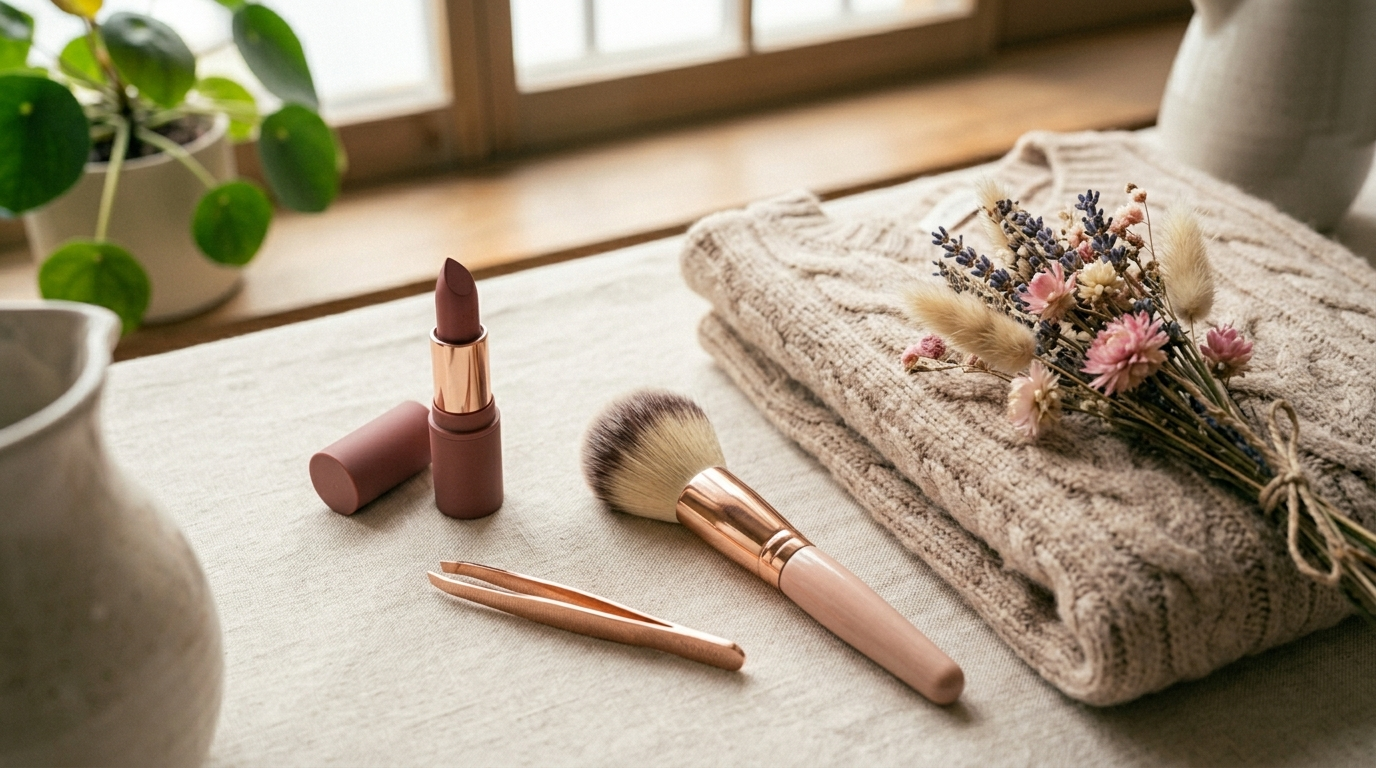 化妝桌上口紅與米色針織衫的柔和場景示意圖