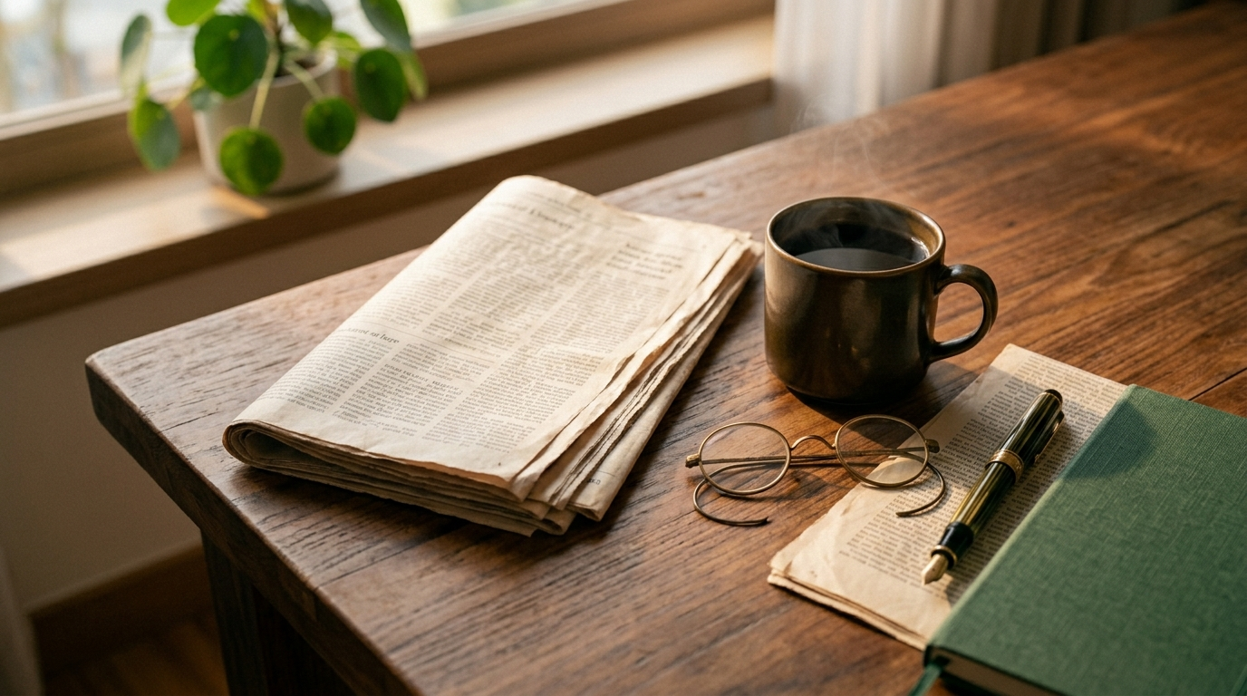 清晨木桌上一份報紙與一杯咖啡的安靜場景示意圖