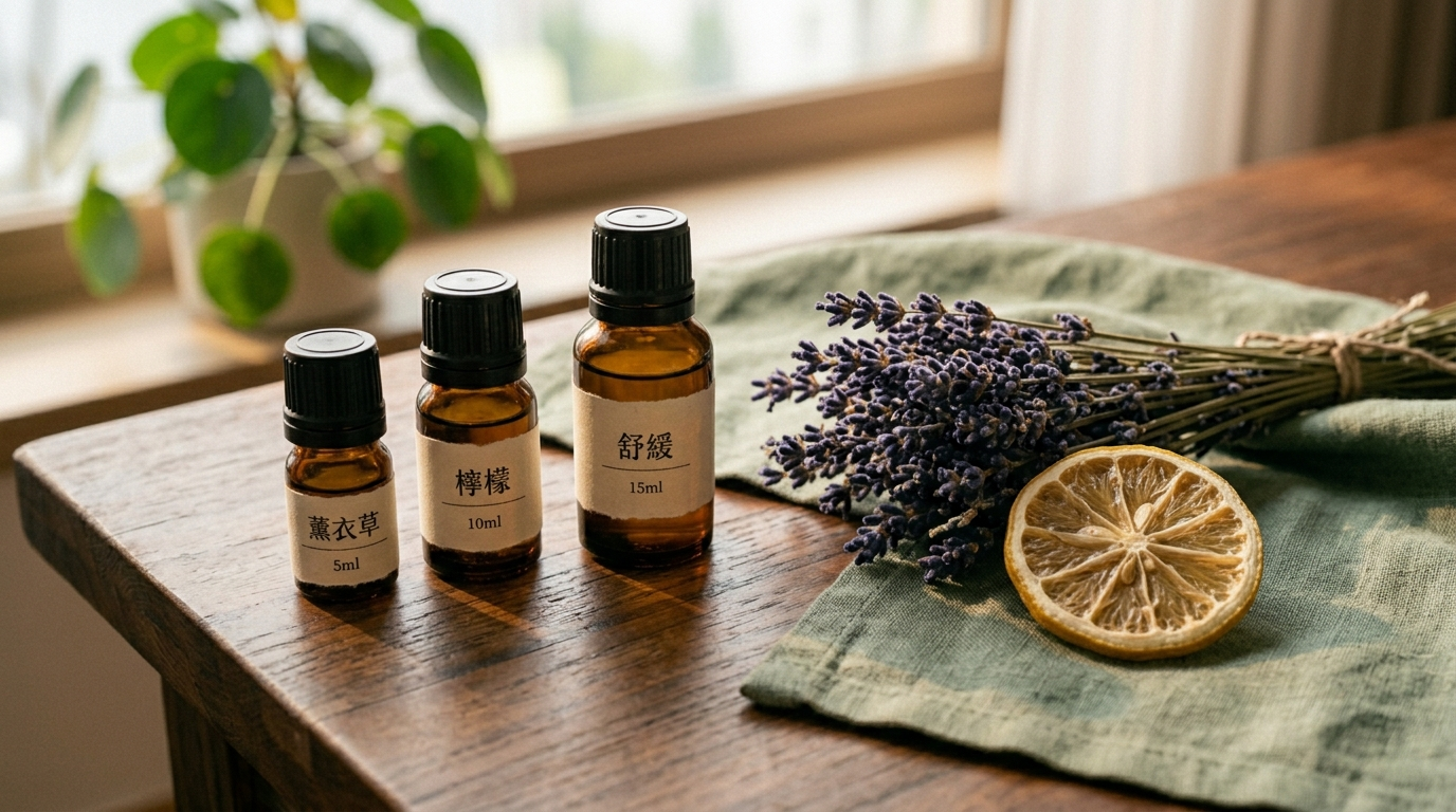 木桌上多瓶精油與一束薰衣草的靜物示意圖