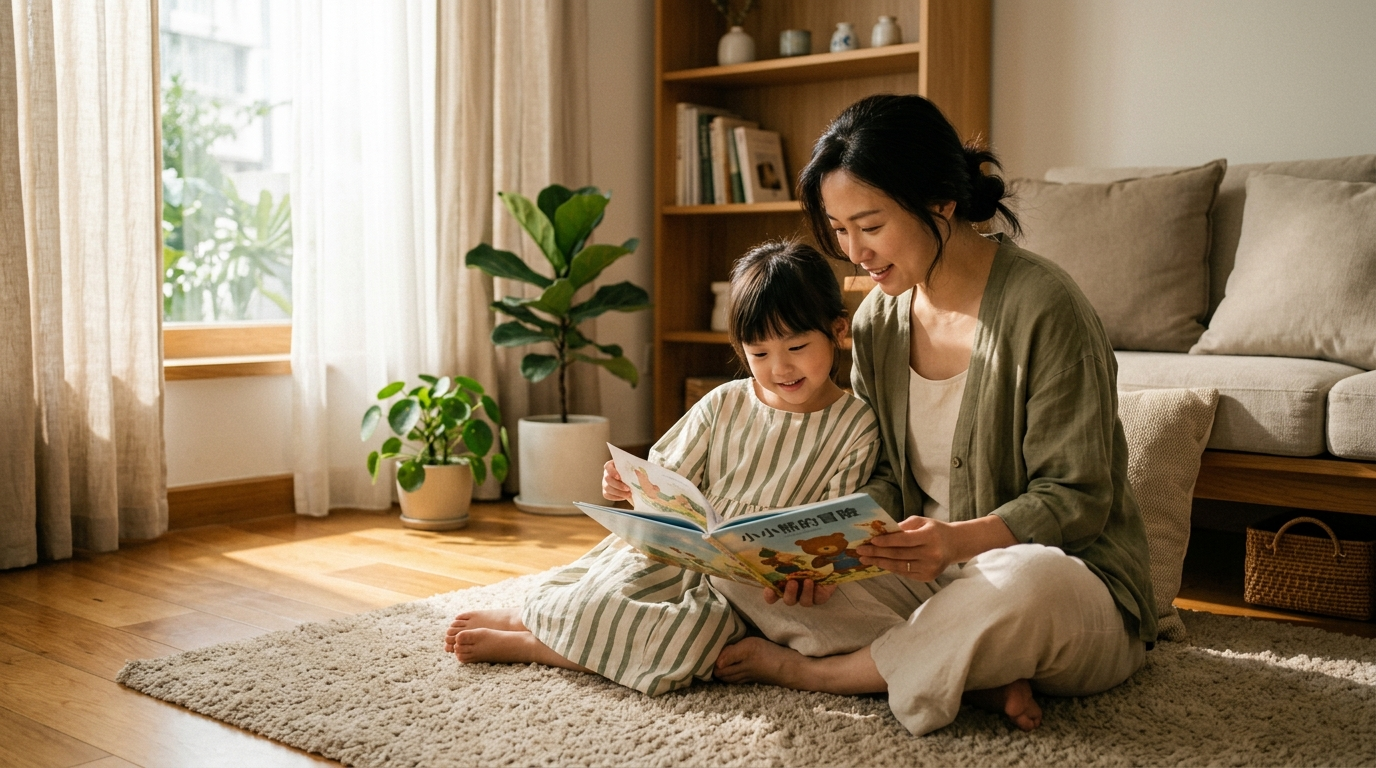 一位媽媽與小女孩在客廳一起翻看繪本的午後場景示意圖