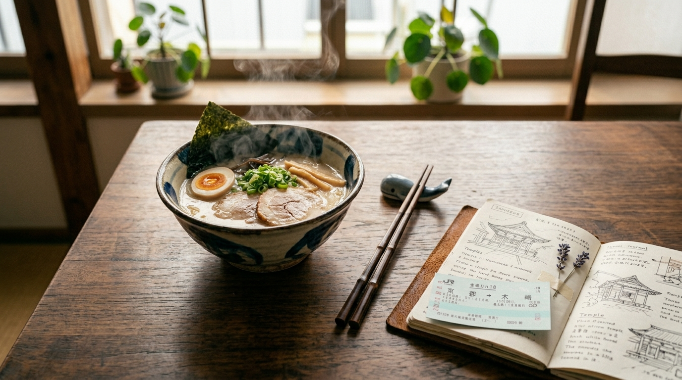 日式食堂木桌上一碗熱拉麵與旅行筆記的俯視示意圖