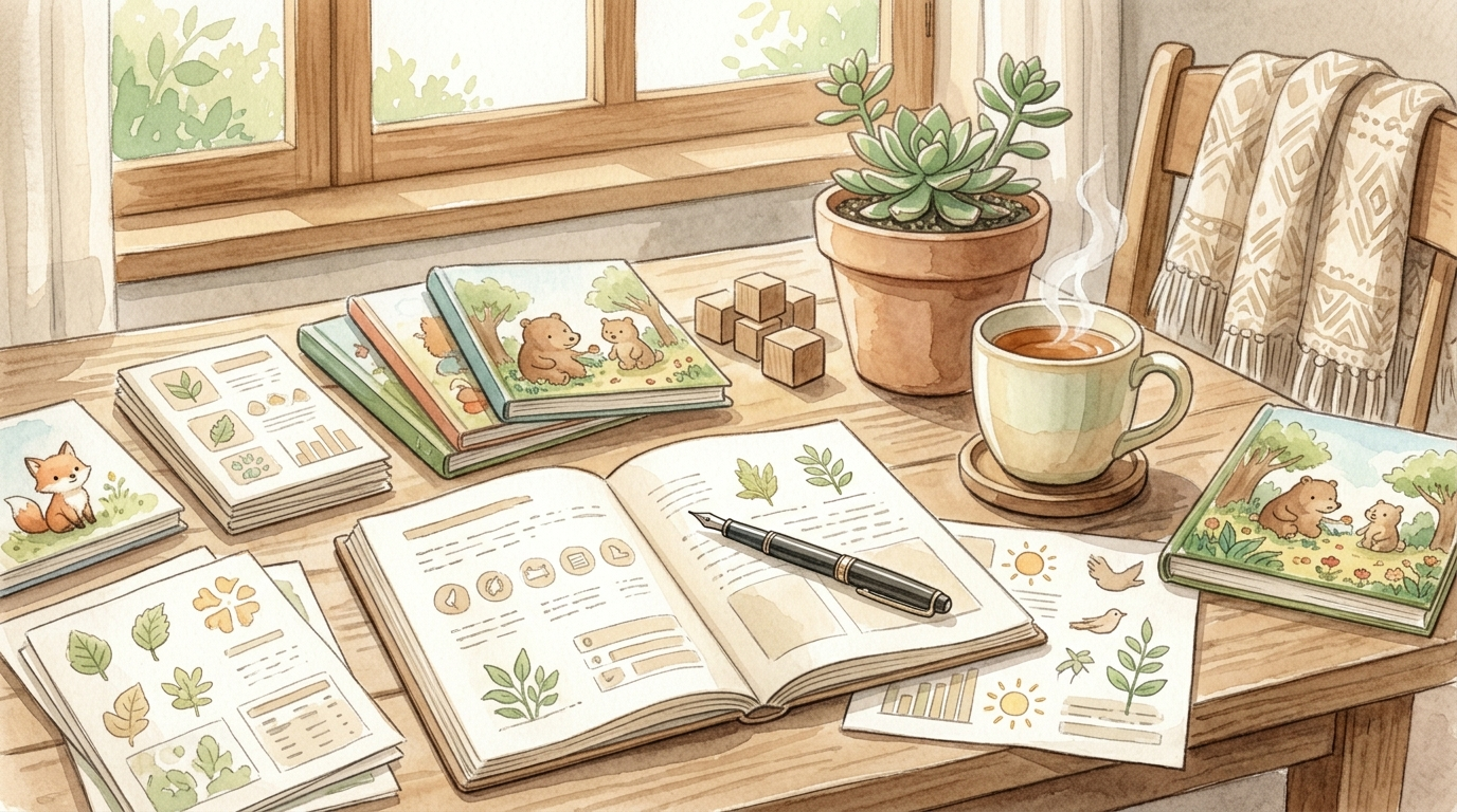 親子工作表、書籍與筆記本擺放在木質桌面上的示意圖