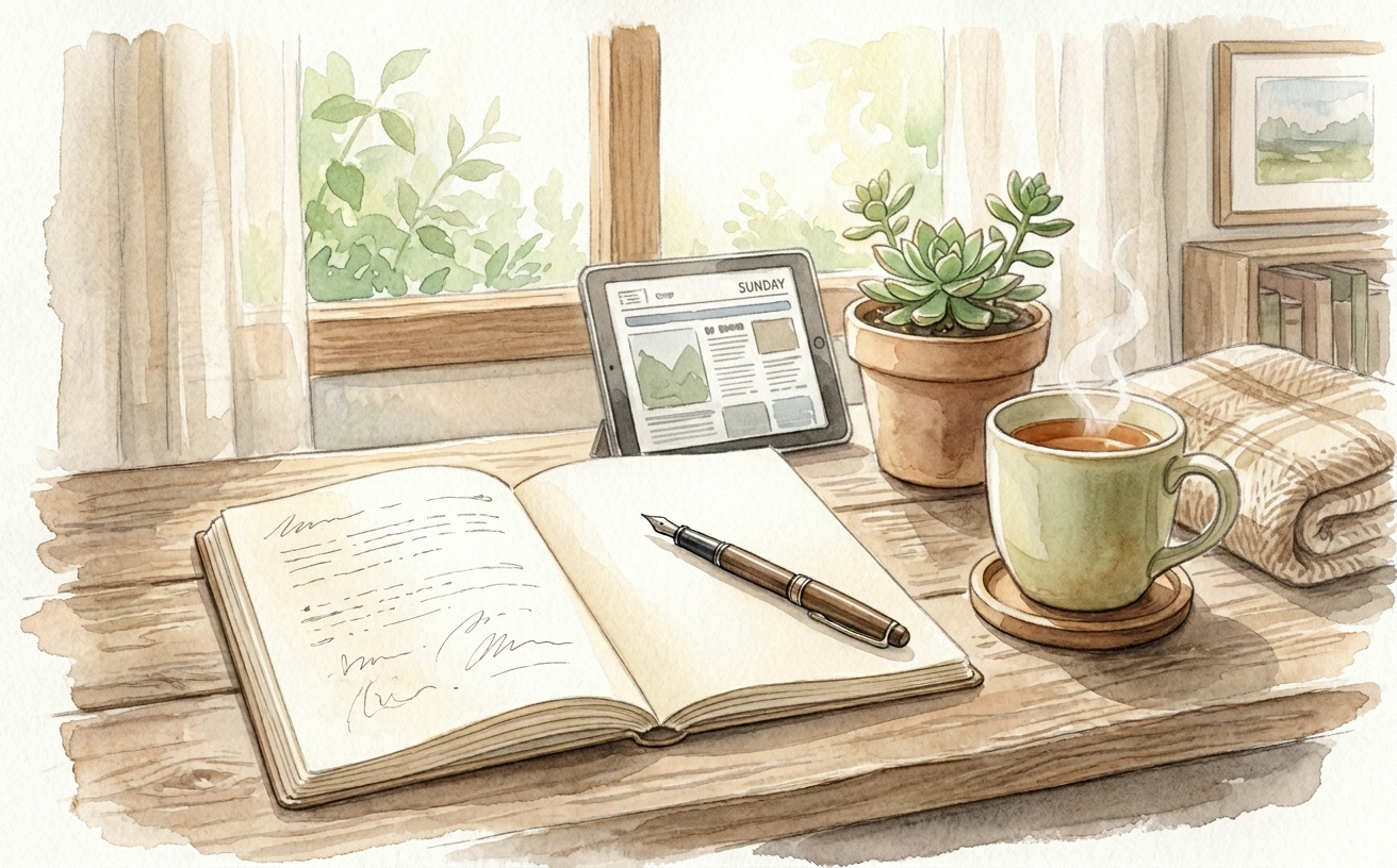 一杯熱茶與打開的筆記本，象徵週日早晨閱讀電子報的寧靜場景示意圖
