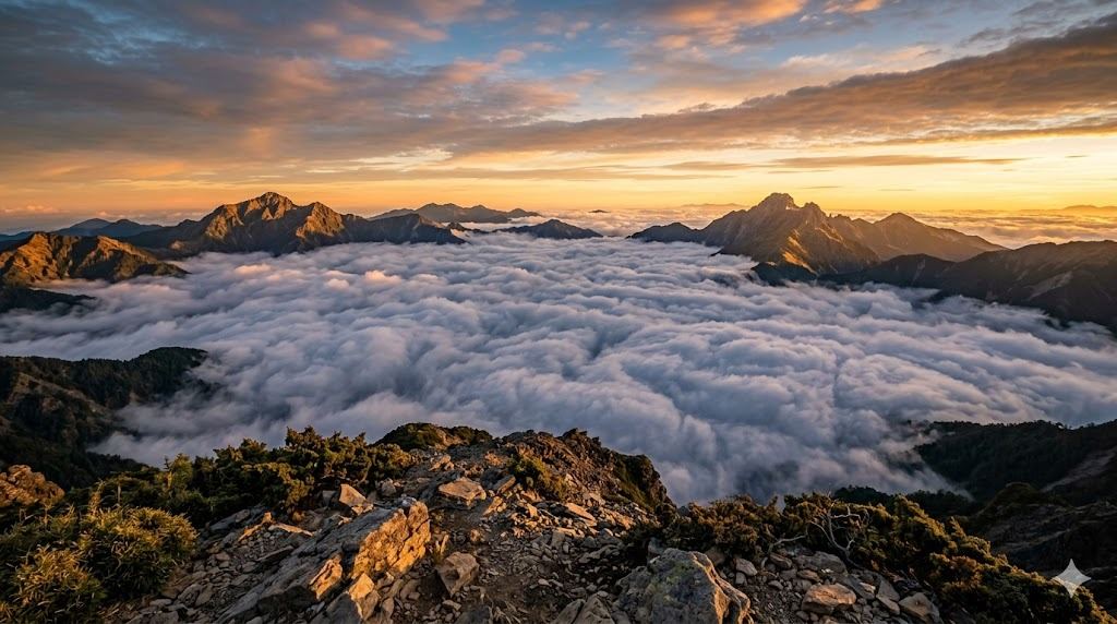 山頂展望台俯瞰雲海與遠山稜線的壯闊風景示意圖