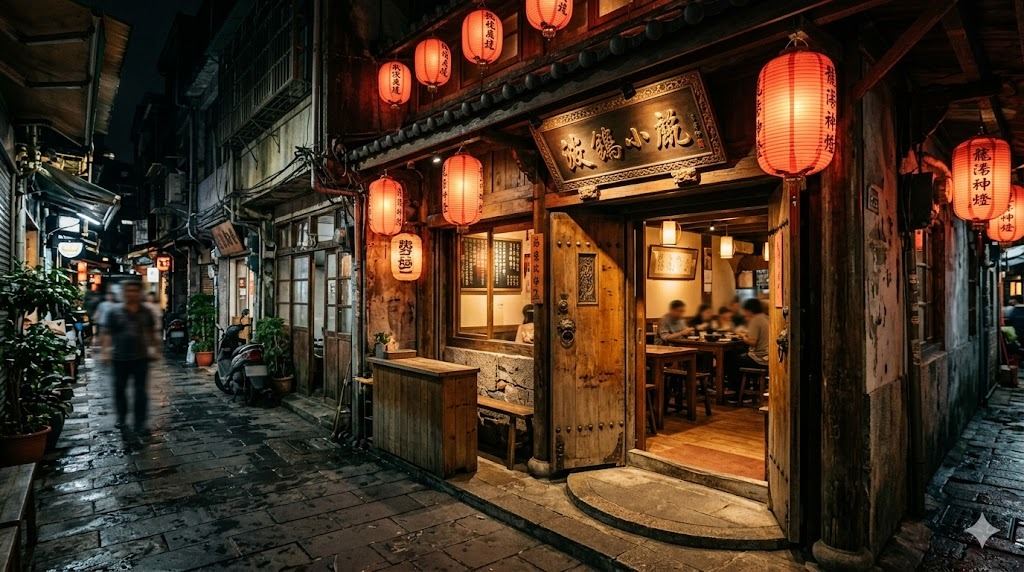 老式餐廳店面外觀與紅燈籠的台灣街景示意圖
